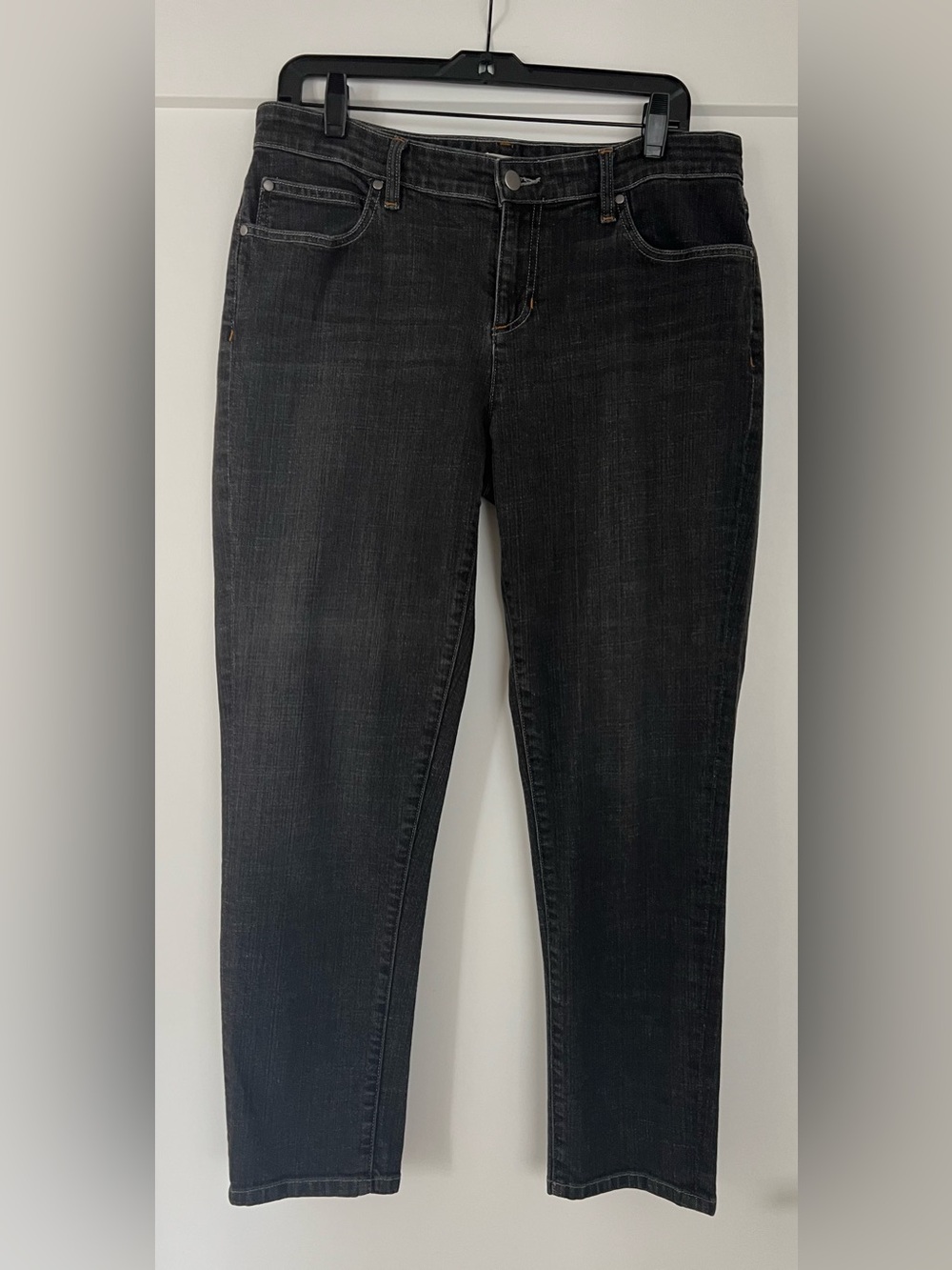 Eileen Fisher Black/Gray Jeans, Stretch Denim, Mid Rise, Straight Leg, Size 10
